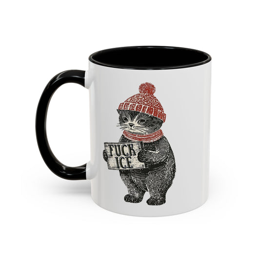 Cat in Beanie Fck Ice Accent Coffee Mug by Spinsterly Co, black ceramic with protest cat graphic