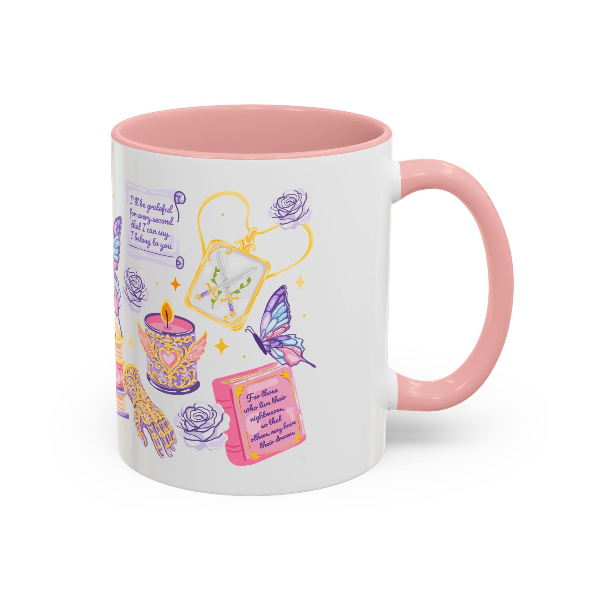 She Is Moonlight Fae Romantasy Collage Accent Coffee Mug Spinsterly Co pink ceramic mug with glossy watercolor artwork