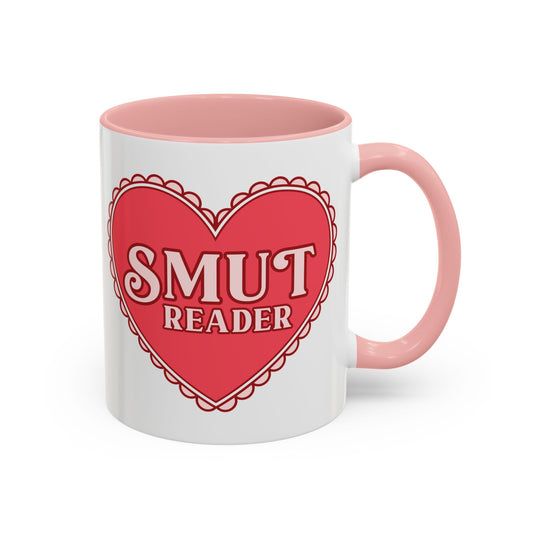 Smut Reader Bold Lace Heart Accent Coffee Mug Spinsterly Co pink glossy ceramic with scalloped lace heart graphic