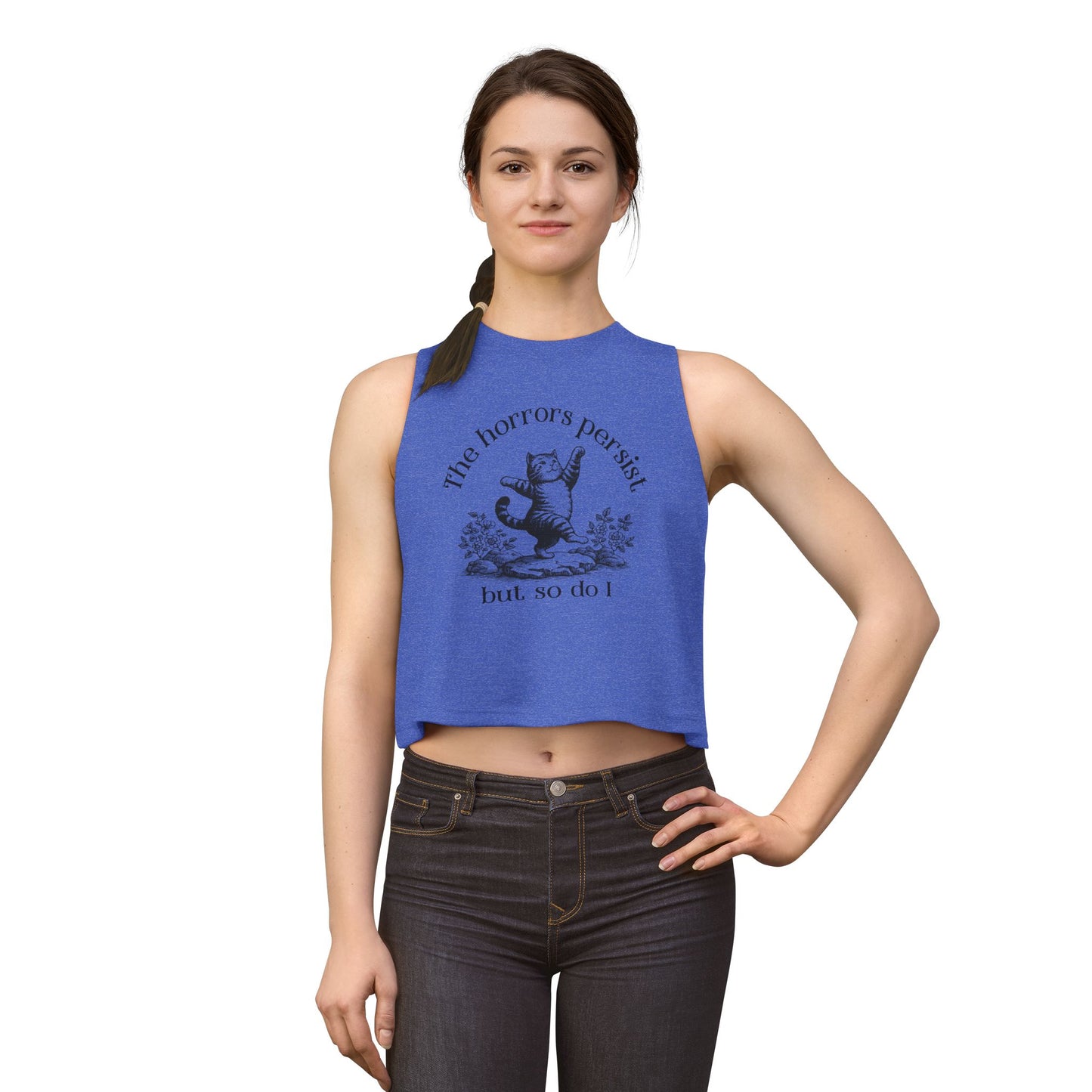 The Horrors Persist But So Do I Crop Top by Spinsterly Co cat graphic cropped tank in Heather True Royal