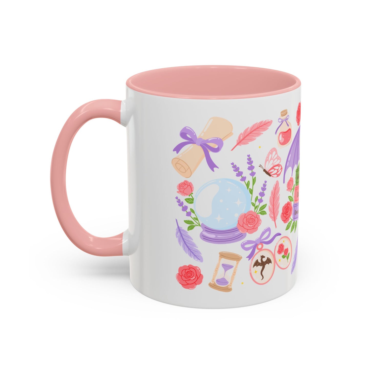 Hot Girls Read Romantasy Accent Coffee Mug Spinsterly Co pink ceramic mug with full wrap dragon wings illustration