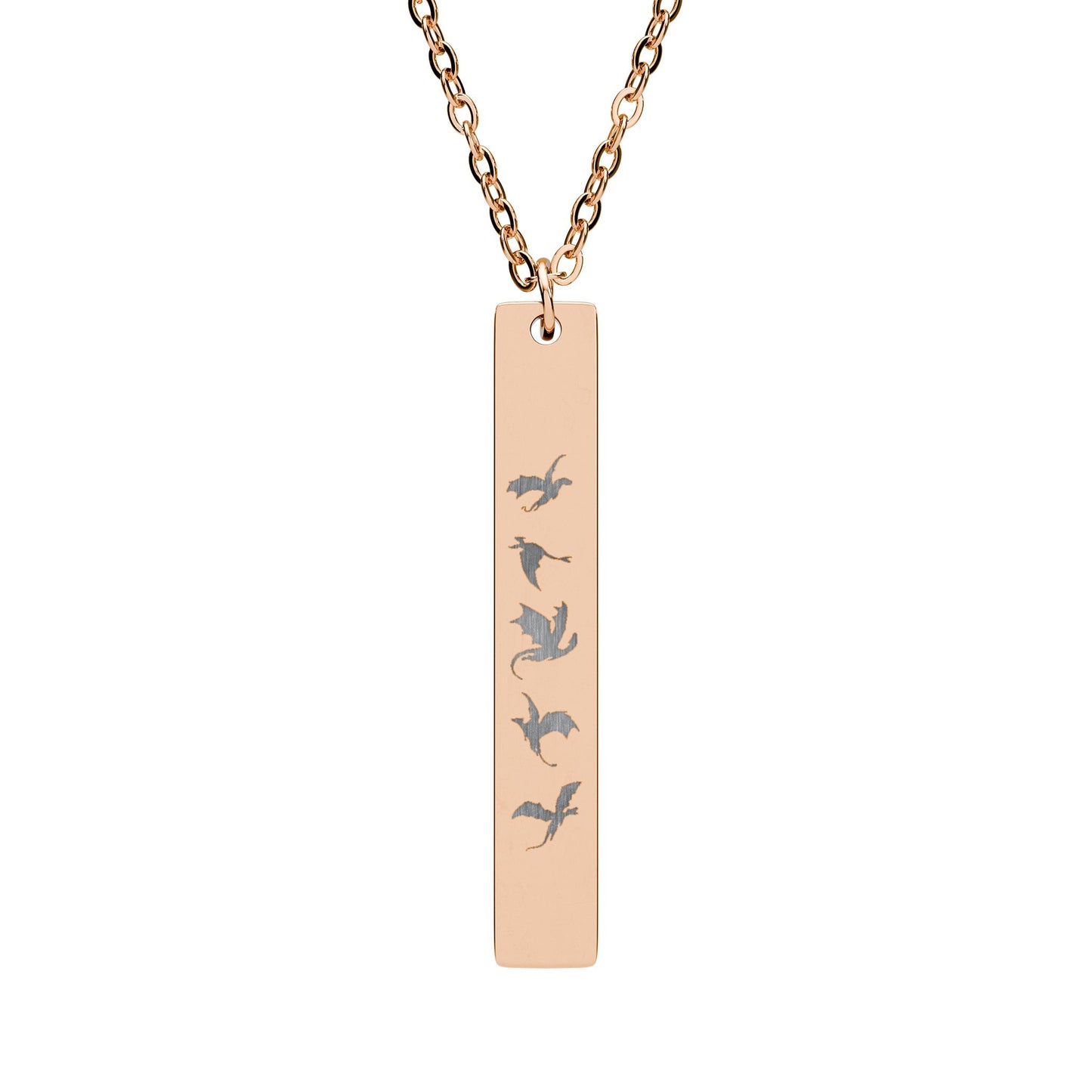 Five Dragons in Flight Engraved Vertical Bar Necklace by Spinsterly Co in 18K Gold PVD coating with five dragon silhouettes