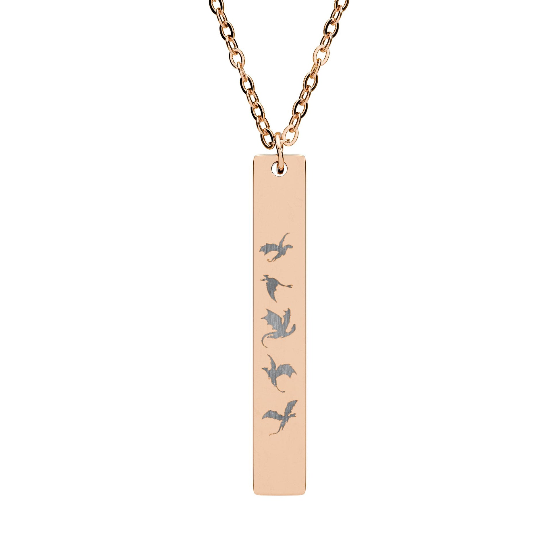 Five Dragons in Flight Engraved Vertical Bar Necklace by Spinsterly Co in 18K Gold PVD coating with five dragon silhouettes