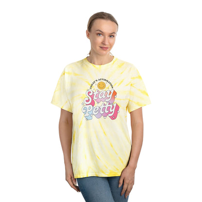 Stay Petty Tie-Dye Graphic Tee Today's Affirmation Smiley Shirt by Spinsterly Co, Pale Yellow graphic with arched text