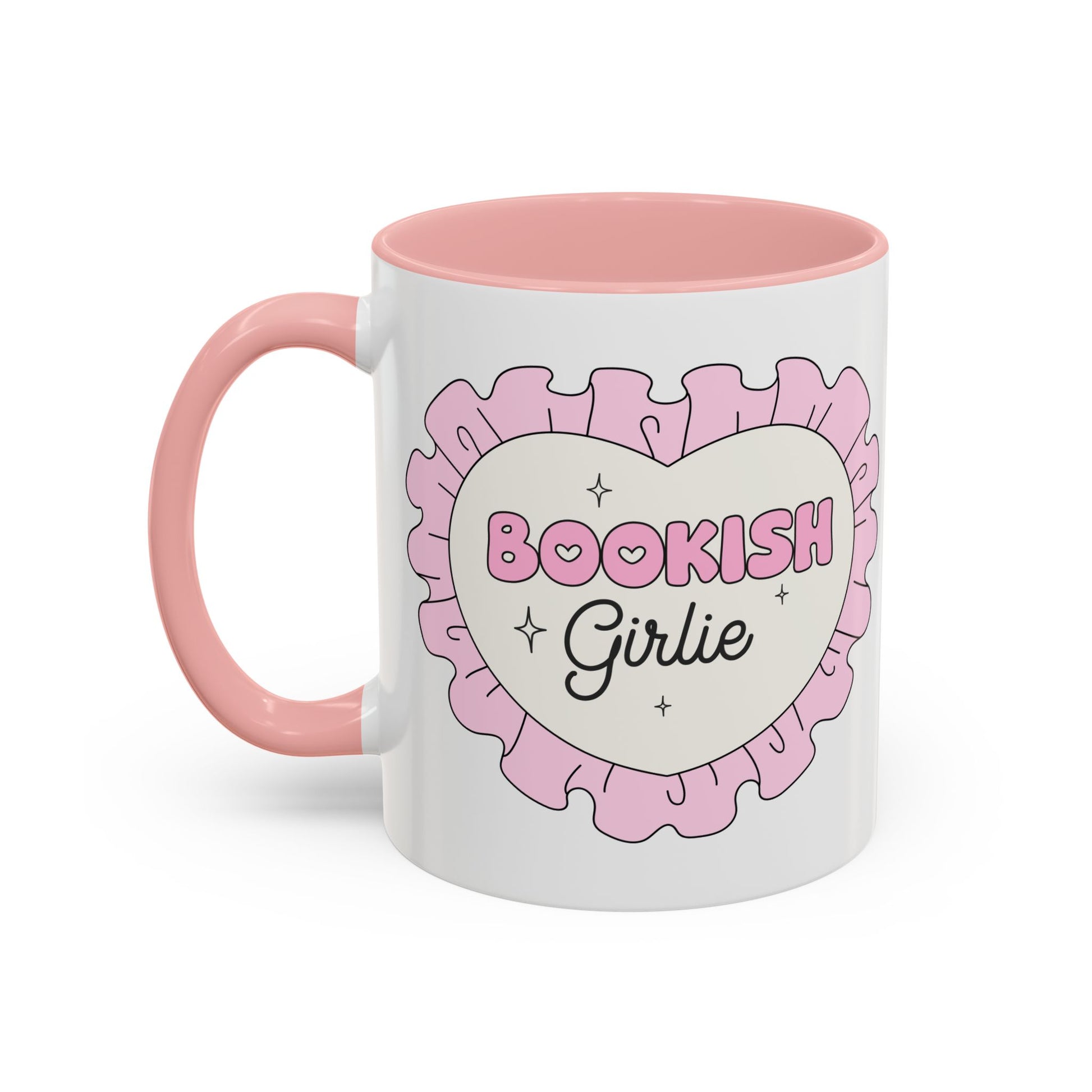 Bookish Girlie Retro Daisy Accent Coffee Mug Spinsterly Co Pink glossy ceramic with daisy badge design