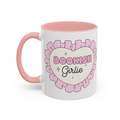Bookish Girlie Retro Daisy Accent Coffee Mug Spinsterly Co Pink glossy ceramic with daisy badge design