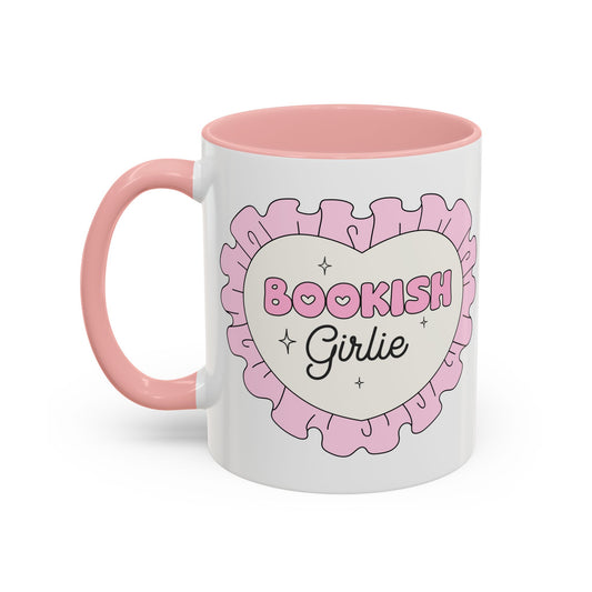 Bookish Girlie Retro Daisy Accent Coffee Mug Spinsterly Co Pink glossy ceramic with daisy badge design
