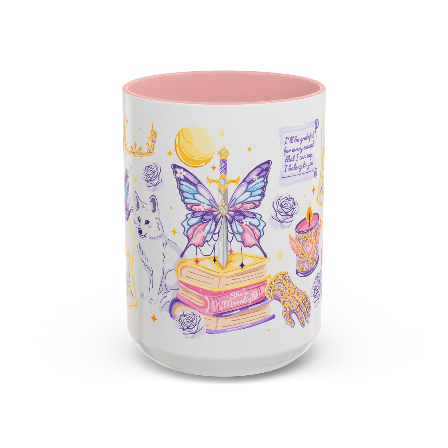 She Is Moonlight Fae Romantasy Collage Accent Coffee Mug by Spinsterly Co, pink ceramic with glossy watercolor art