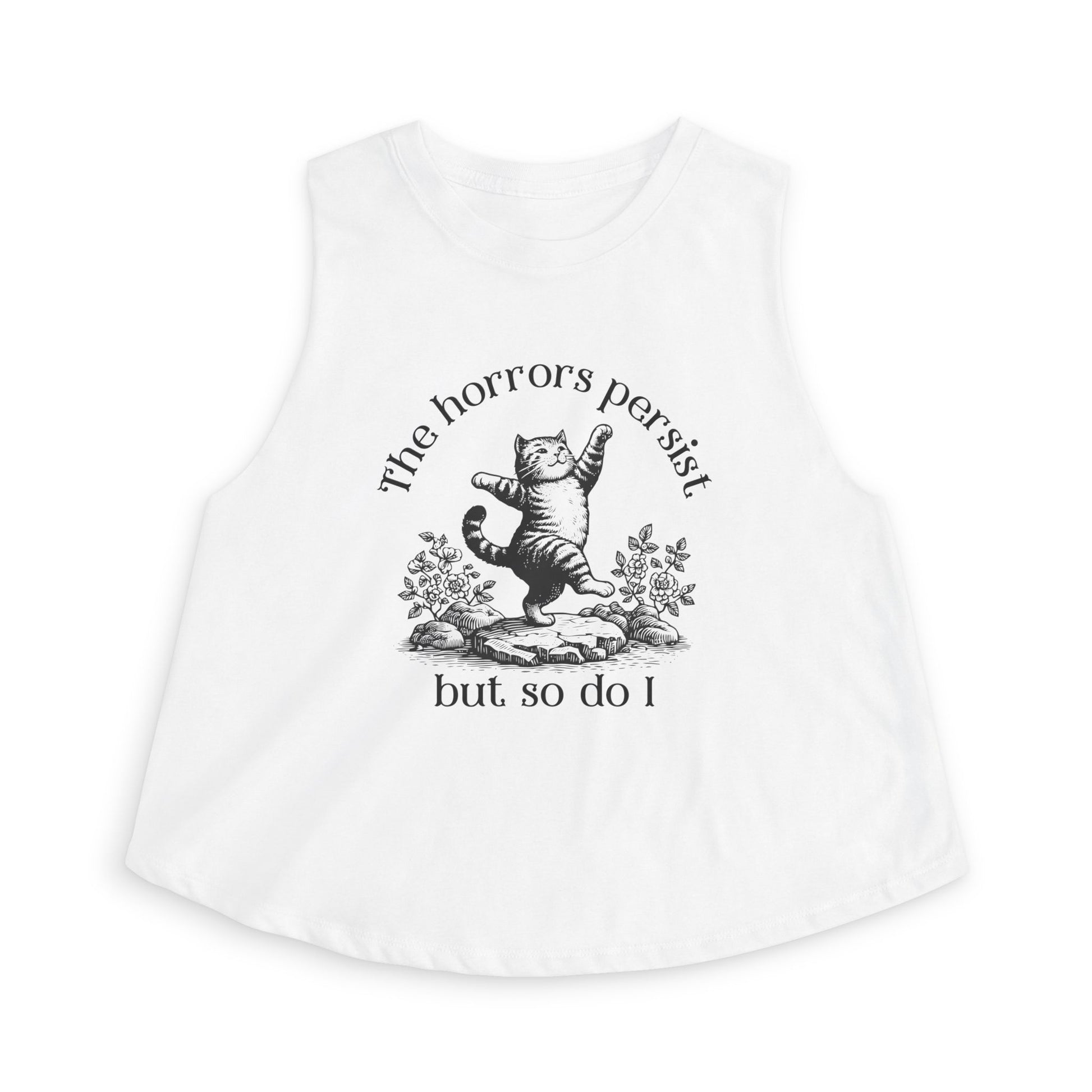 The Horrors Persist But So Do I Crop Top by Spinsterly Co, white women's cropped tank with dancing cat graphic
