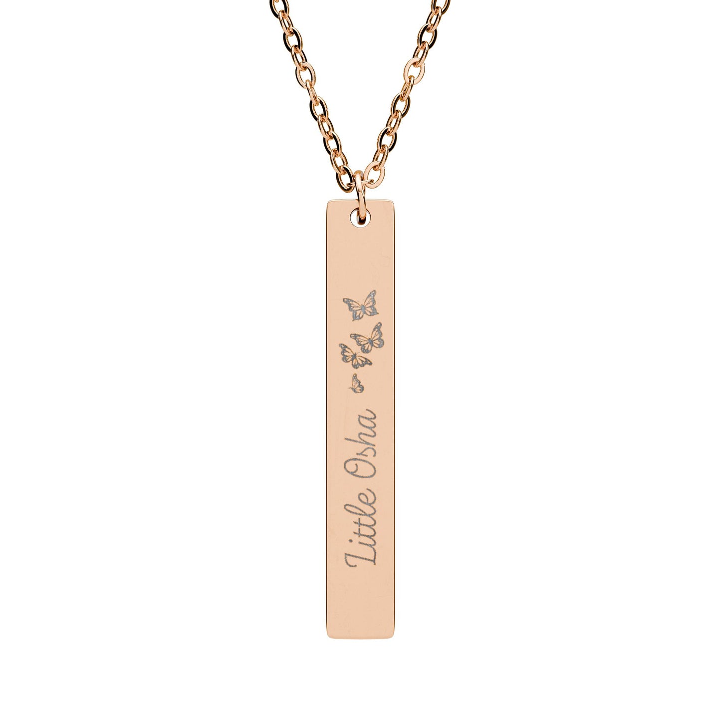Little Osha Butterfly Engraved Vertical Bar Necklace by Spinsterly Co in 18K Rose Gold PVD with three butterflies