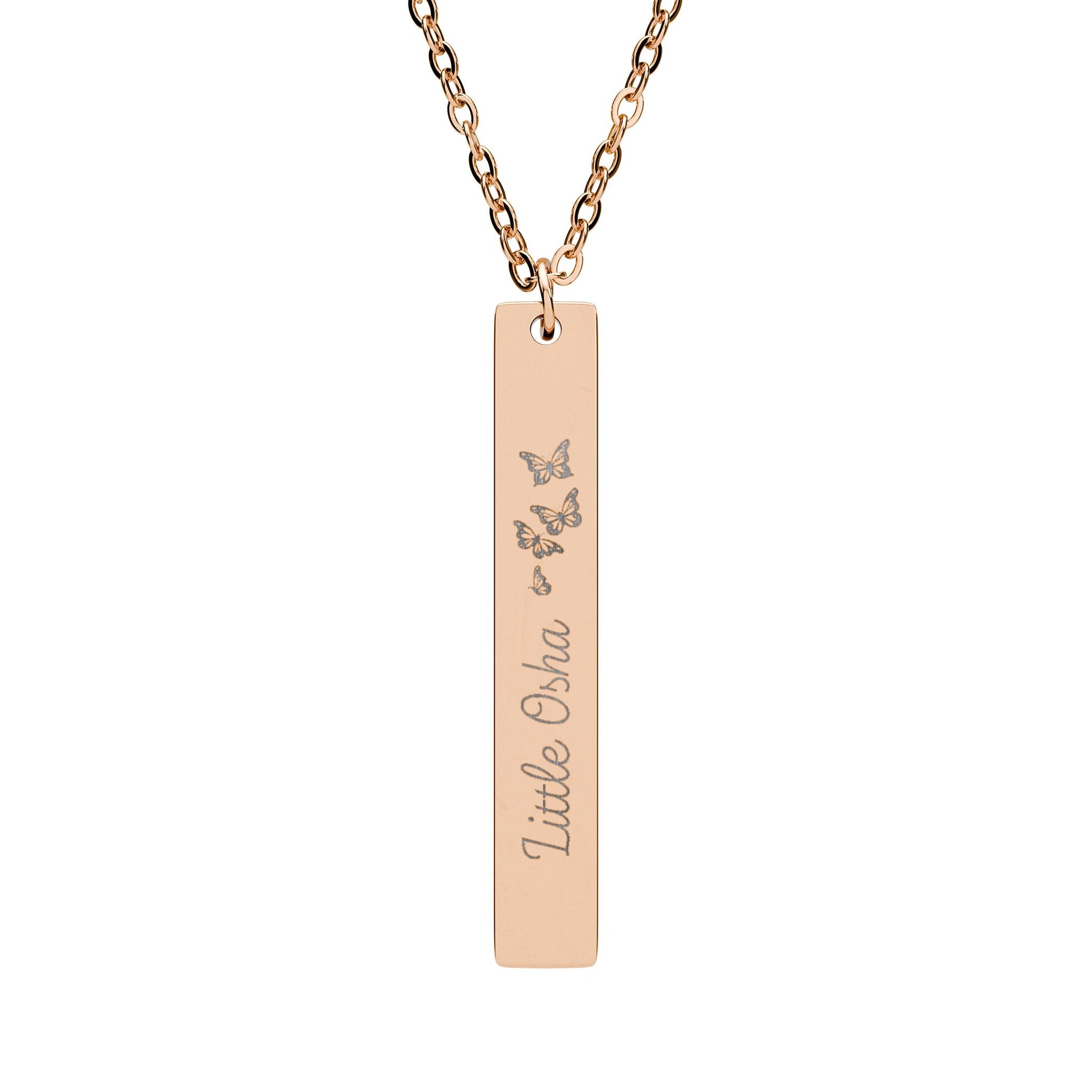 Little Osha Butterfly Engraved Vertical Bar Necklace by Spinsterly Co in 18K Rose Gold PVD with three butterflies