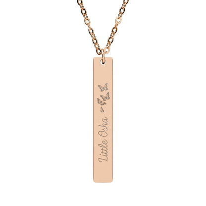 Little Osha Butterfly Engraved Vertical Bar Necklace by Spinsterly Co in 18K Rose Gold PVD with three butterflies