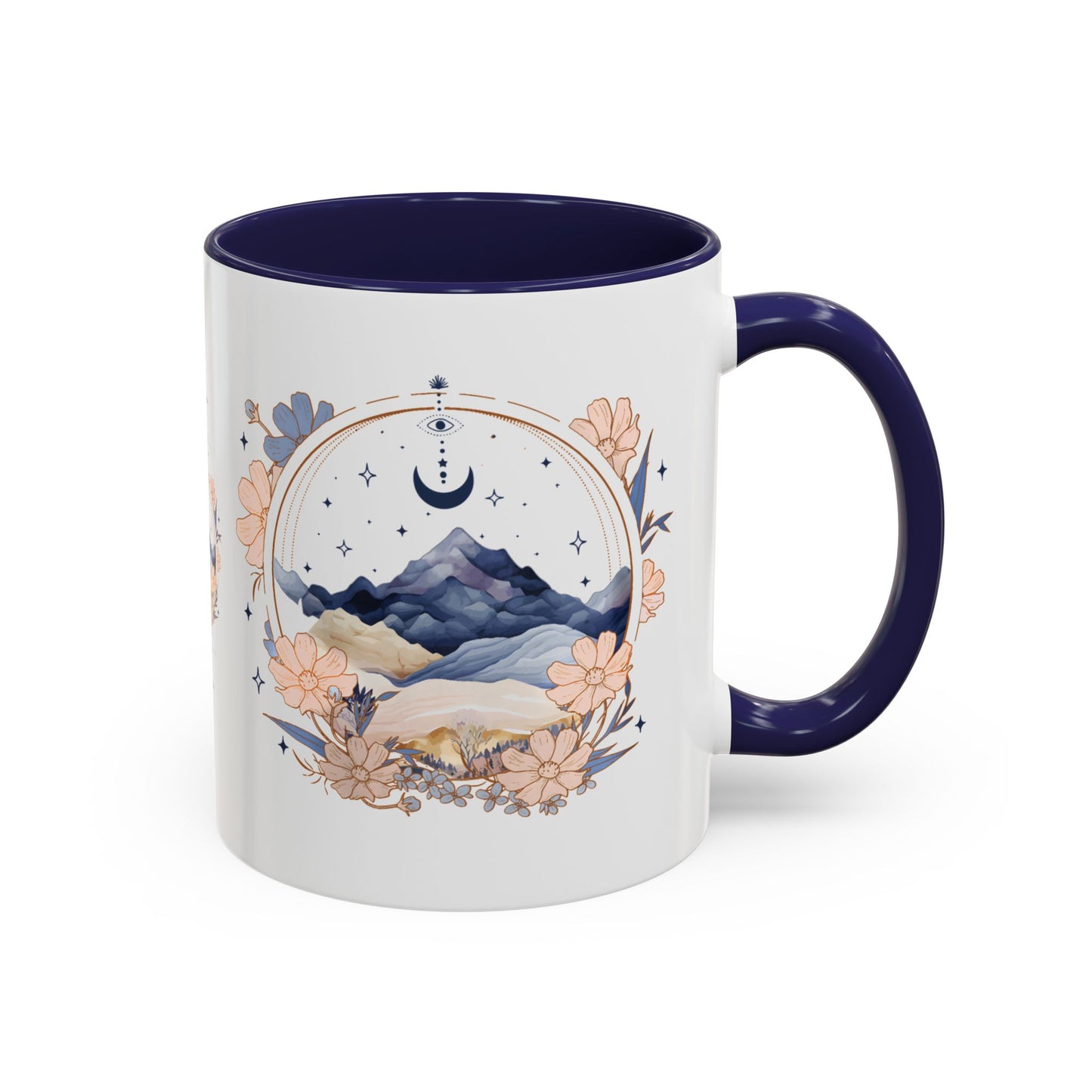 Moon Phase Celestial Accent Coffee Mug by Spinsterly Co, navy ceramic with glossy moon and floral watercolor