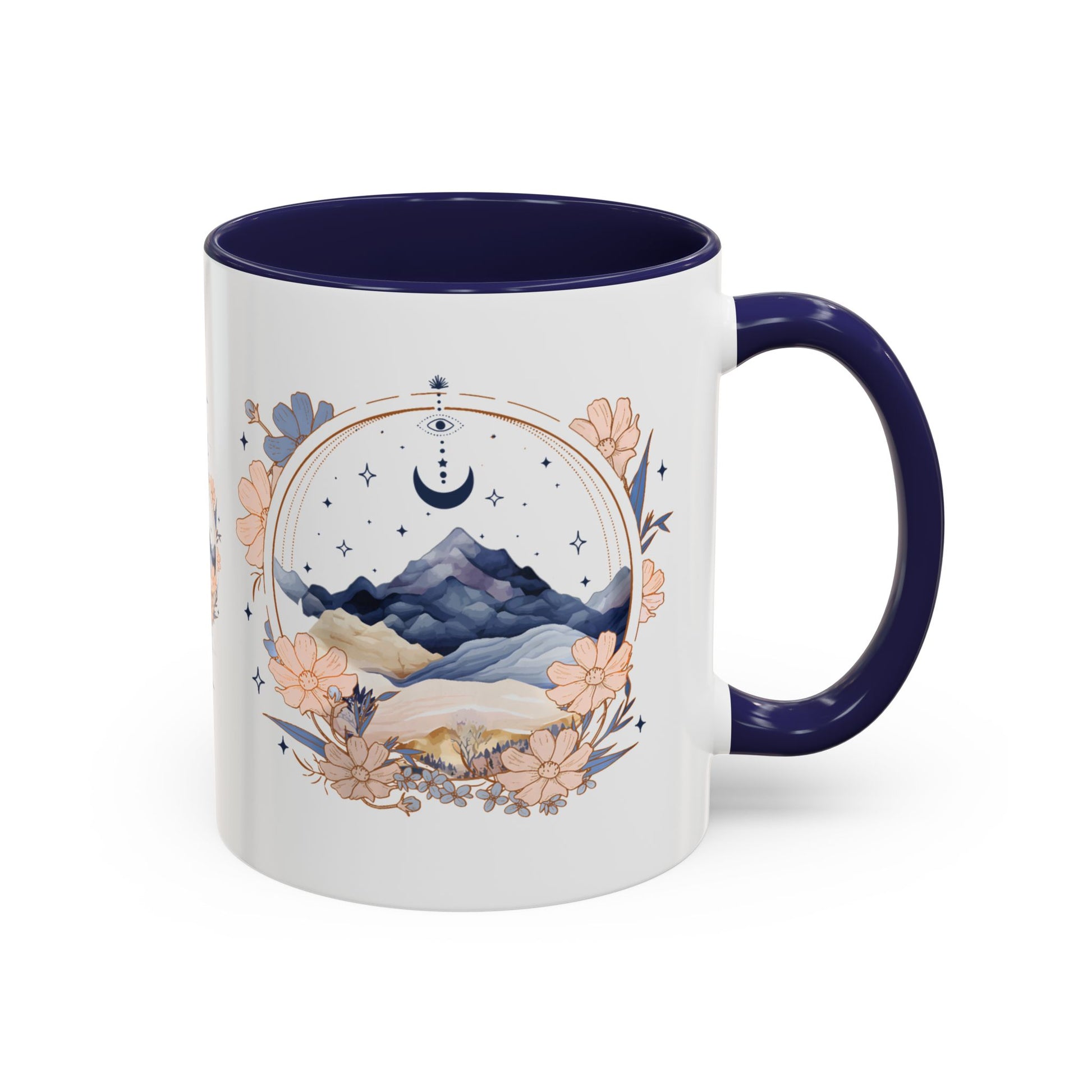 Moon Phase Celestial Accent Coffee Mug by Spinsterly Co, navy ceramic with glossy moon and floral watercolor