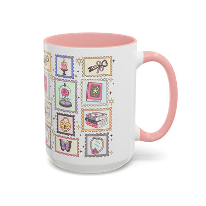 Whimsical Bookish Stamp Collection Coffee Mug by Spinsterly Co in pink with full-wrap stamp vignette grid design