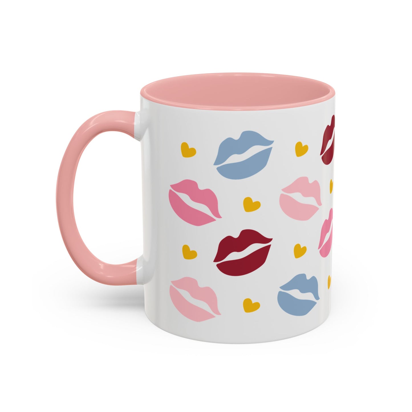 Lips Hearts Kiss Pattern Accent Coffee Mug Spinsterly Co pink ceramic mug with glossy full-wrap kiss pattern
