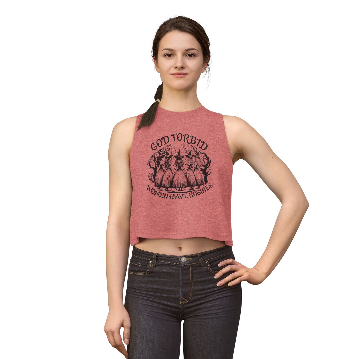 God Forbid Women Have Hobbies Crop Top by Spinsterly Co in Heather Mauve with vintage witch graphic