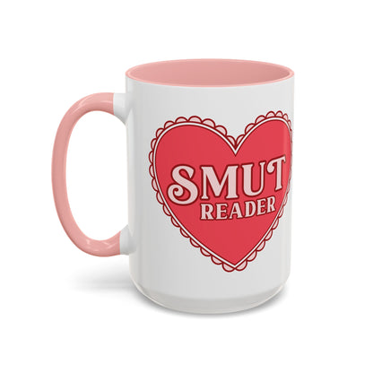 Smut Reader Bold Lace Heart Accent Coffee Mug Spinsterly Co pink glossy ceramic with scalloped lace heart graphic