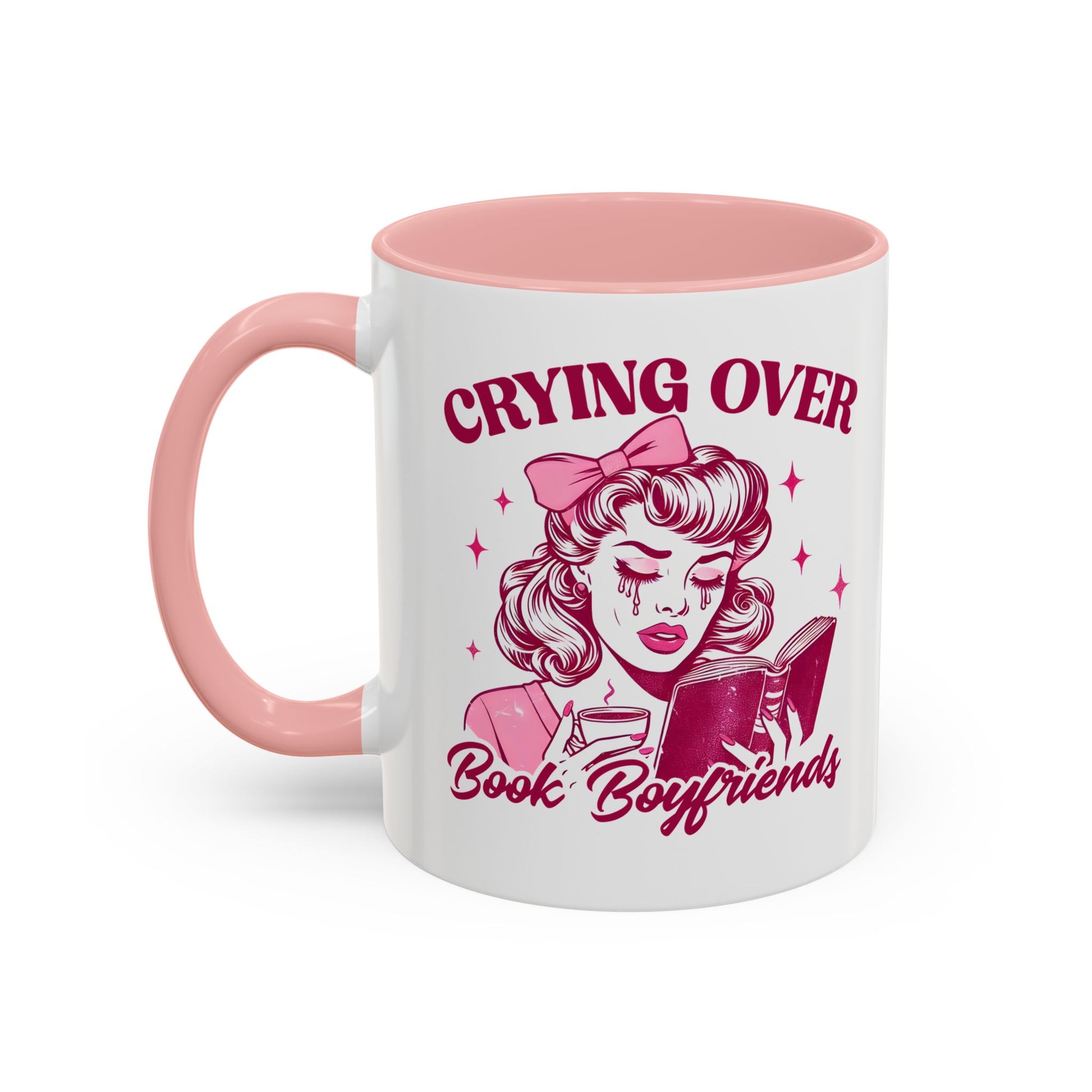 Crying Over Book Boyfriends Retro Pin-Up Accent Coffee Mug Spinsterly Co pink ceramic glossy C-handle mug