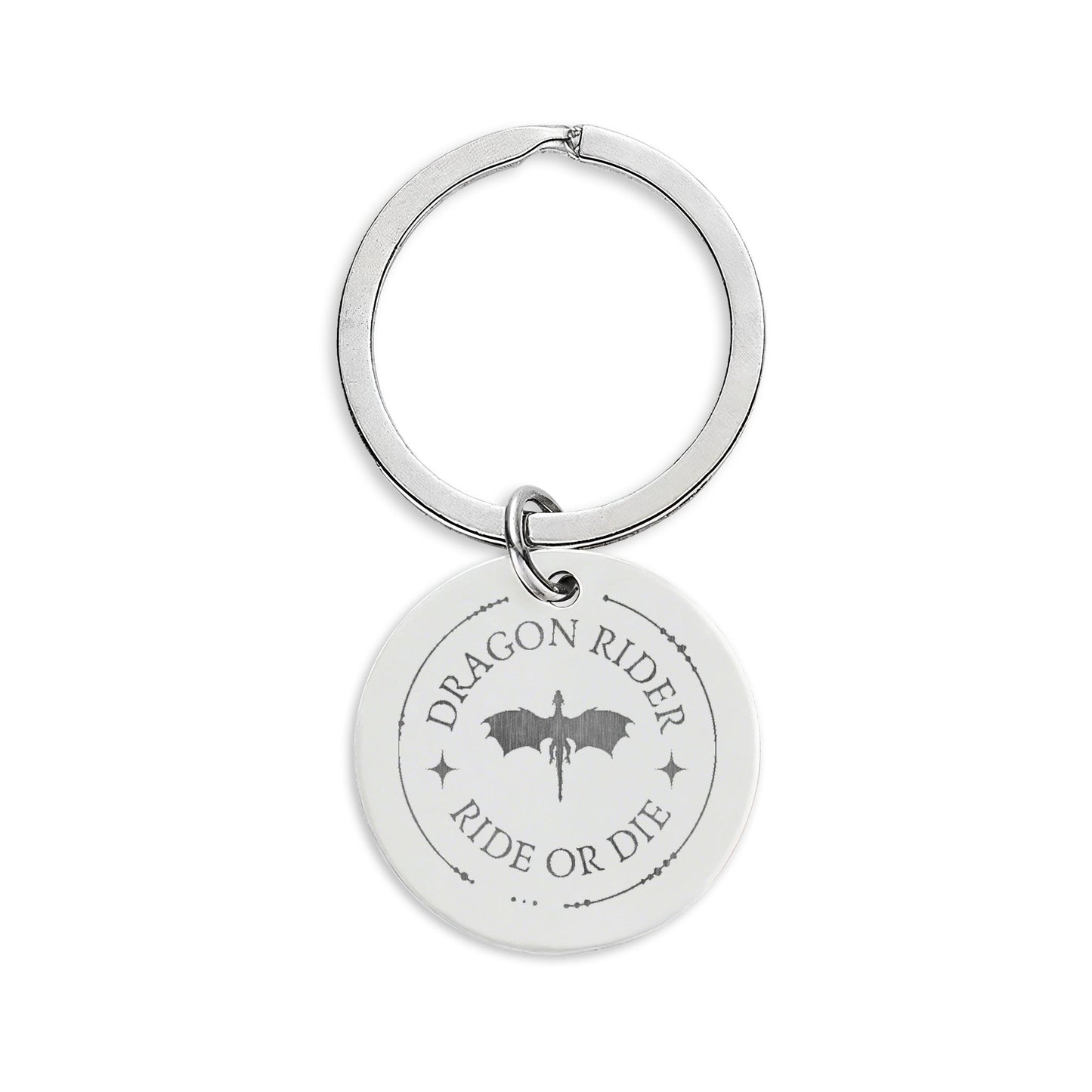 A silver metal keychain featuring a round disc charm engraved with the words 'DRAGON RIDER RIDE OR DIE' and a dragon silhouette, shown on a plain white background.
