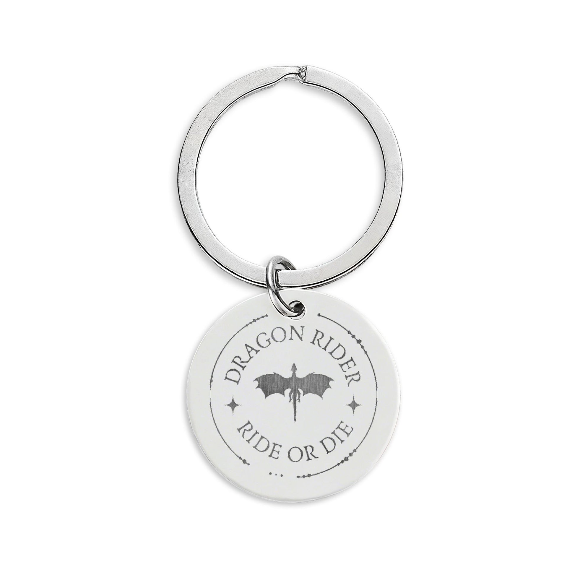 A silver metal keychain featuring a round disc charm engraved with the words 'DRAGON RIDER RIDE OR DIE' and a dragon silhouette, shown on a plain white background.