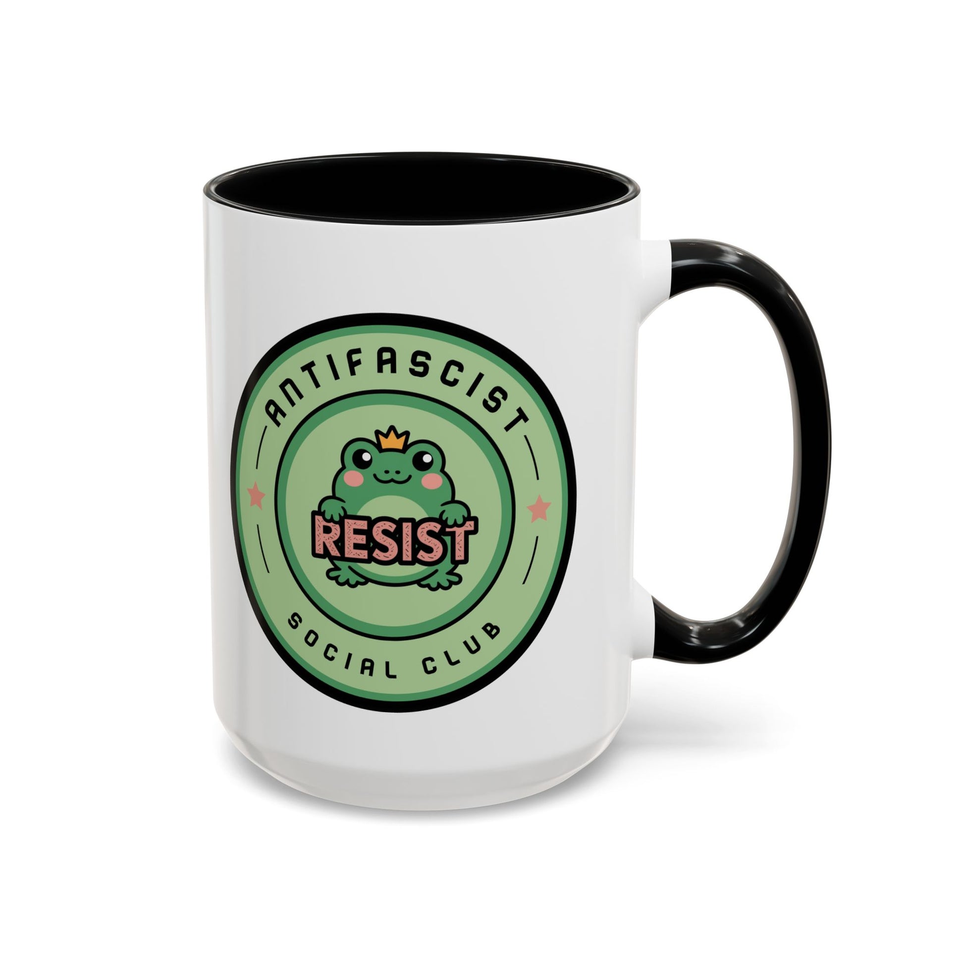 Antifascist Social Club Resist Accent Coffee Mug Kawaii Frog Political Mug by Spinsterly Co, black glossy ceramic