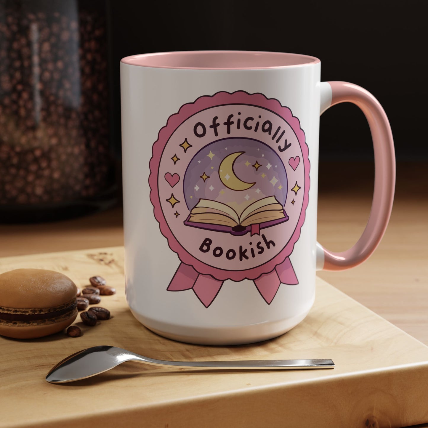 Officially Bookish Accent Coffee Mug Spinsterly Co pink interior ceramic mug with rosette badge graphic