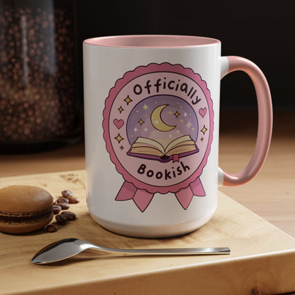 Officially Bookish Accent Coffee Mug Spinsterly Co pink interior ceramic mug with rosette badge graphic
