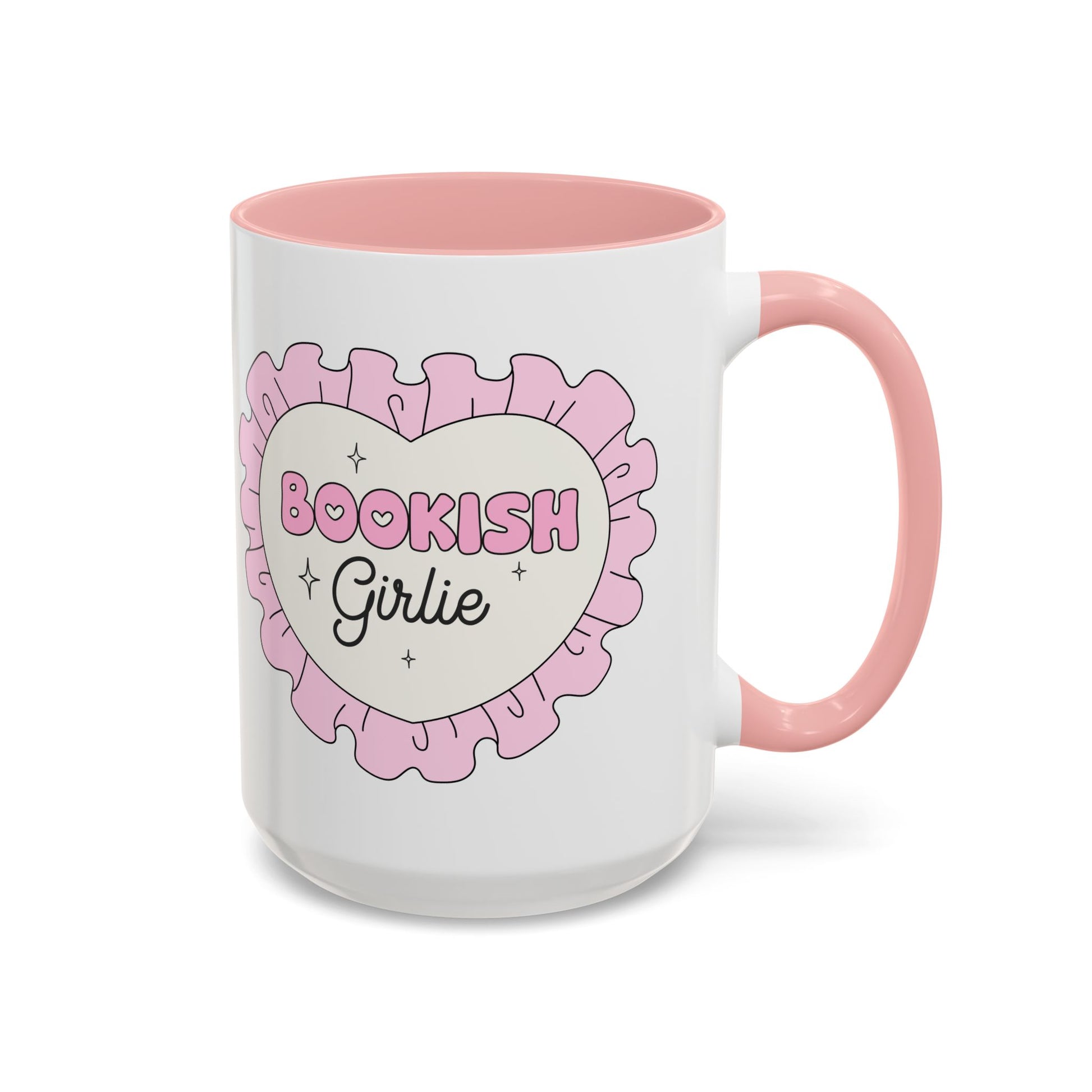 Bookish Girlie Retro Daisy Accent Coffee Mug Spinsterly Co pink glossy ceramic with daisy badge design