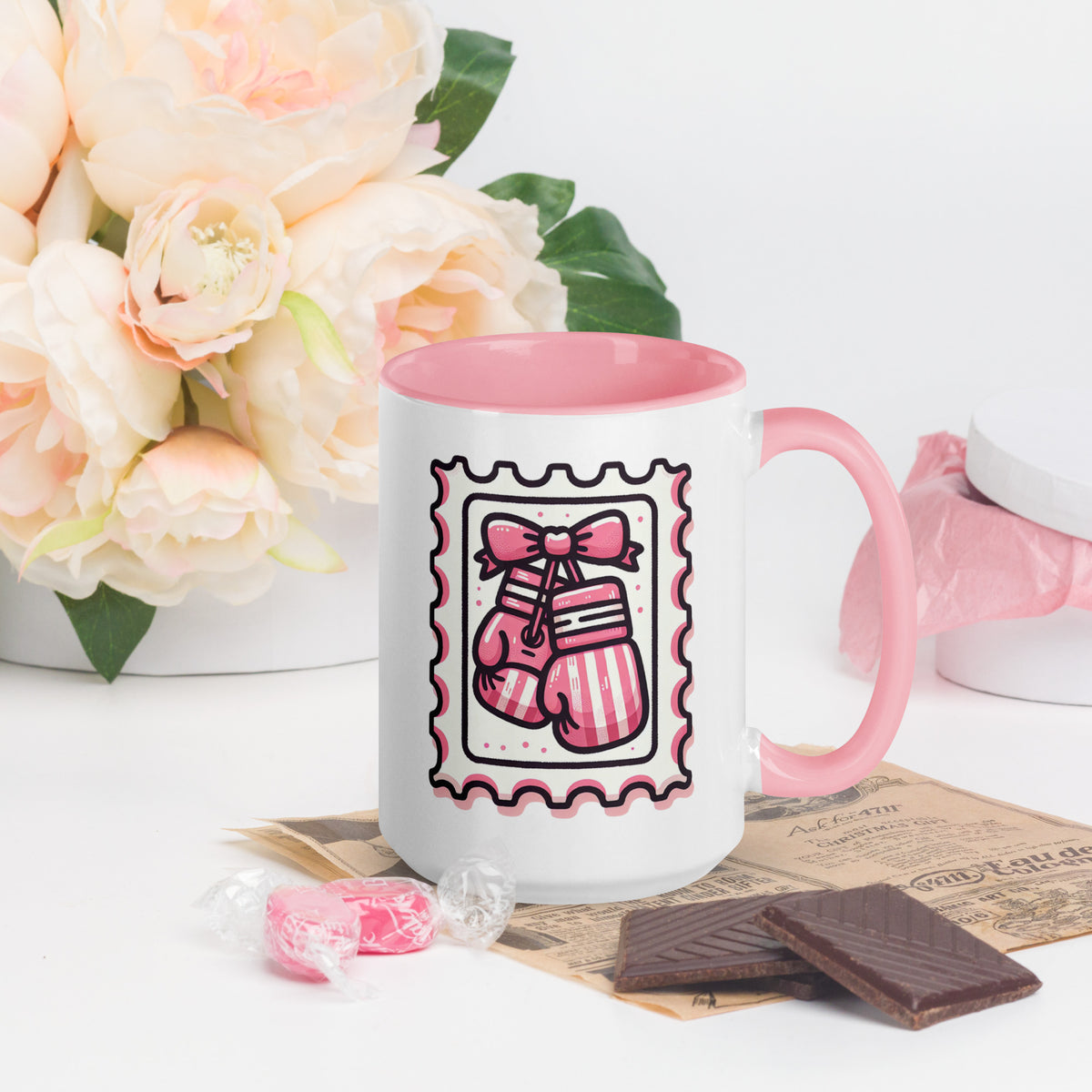 Pink Boxing Gloves Mug | Breast Cancer Warrior Coffee Mug with Pink Interior - Spinsterly Co
