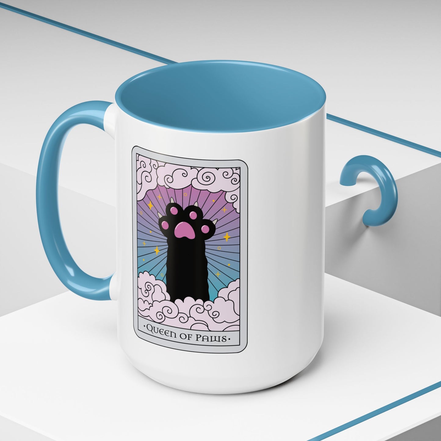 Queen of Paws Accent Coffee Mug by Spinsterly Co, Light Blue glossy ceramic with tarot cat border