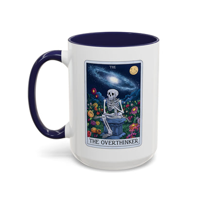 The Overthinker Tarot Card Accent Coffee Mug by Spinsterly Co in Navy ceramic with glossy skeleton illustration