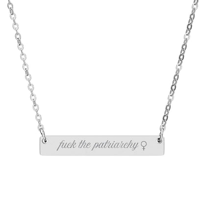 Fck the Patriarchy Engraved Bar Necklace Spinsterly Co stainless steel with engraved feminist script and Venus symbol