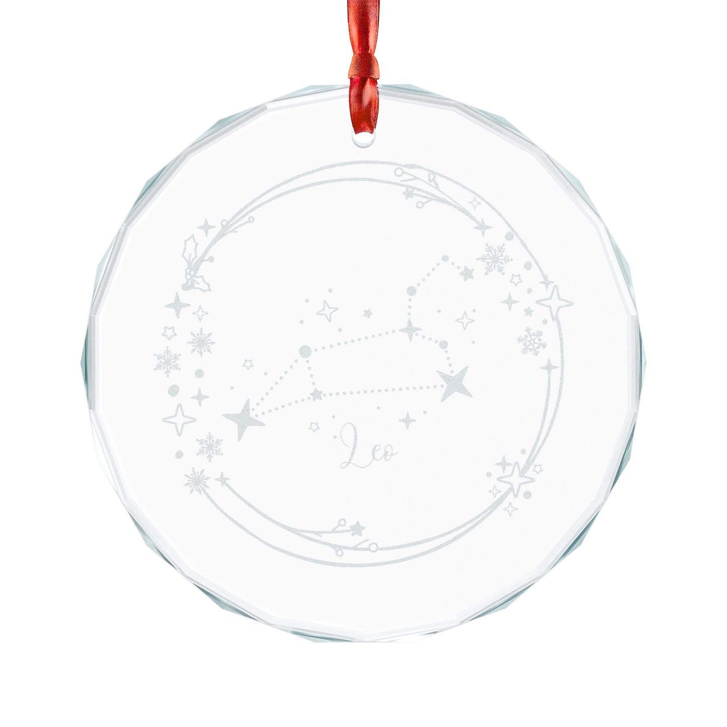 Leo Constellation Engraved Crystal Ornament Zodiac Star Map Glass Ornament by Spinsterly Co, clear crystal circle