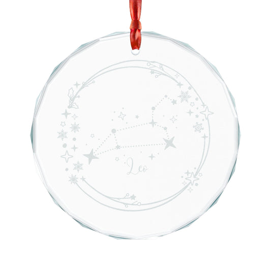Leo Constellation Engraved Crystal Ornament Zodiac Star Map Glass Ornament by Spinsterly Co, clear crystal circle