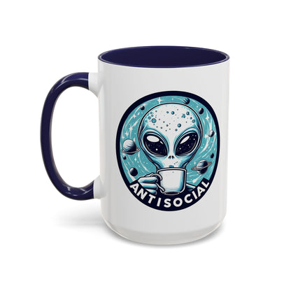 Antisocial Alien Coffee Retro Space Badge Accent Mug by Spinsterly Co in Navy glossy ceramic, printed both sides