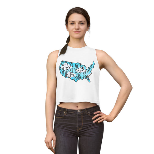 Hey Quick Question WTF Is Going On Graphic Women's Crop Top by Spinsterly Co in solid white with US map print