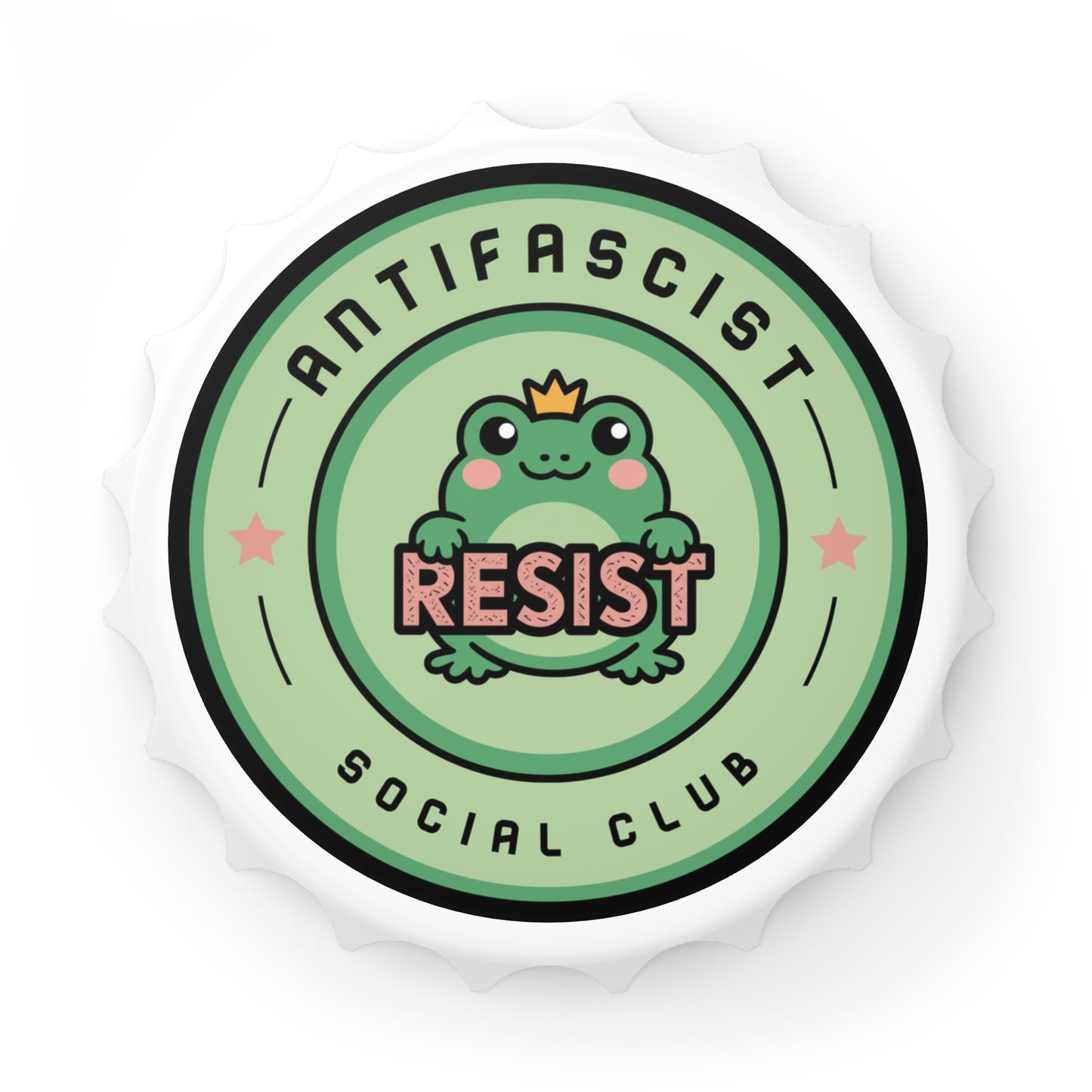 Antifascist Social Club Resist Bottle Opener by Spinsterly Co, white bottle-cap shape with frog bar tool magnet