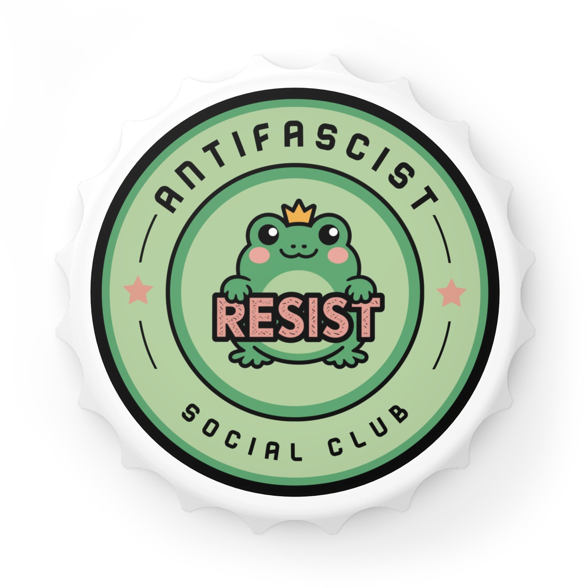 Antifascist Social Club Resist Bottle Opener by Spinsterly Co, white bottle-cap shape with frog bar tool magnet