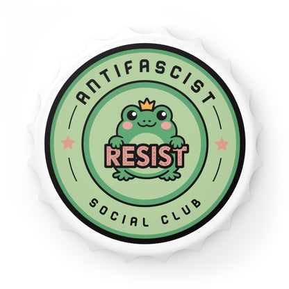 Antifascist Social Club Resist Bottle Opener by Spinsterly Co, white bottle-cap shape with frog bar tool magnet