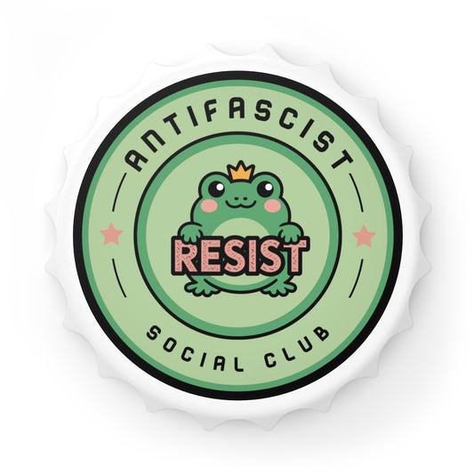 Antifascist Social Club Resist Bottle Opener by Spinsterly Co, white bottle-cap shape with frog bar tool magnet