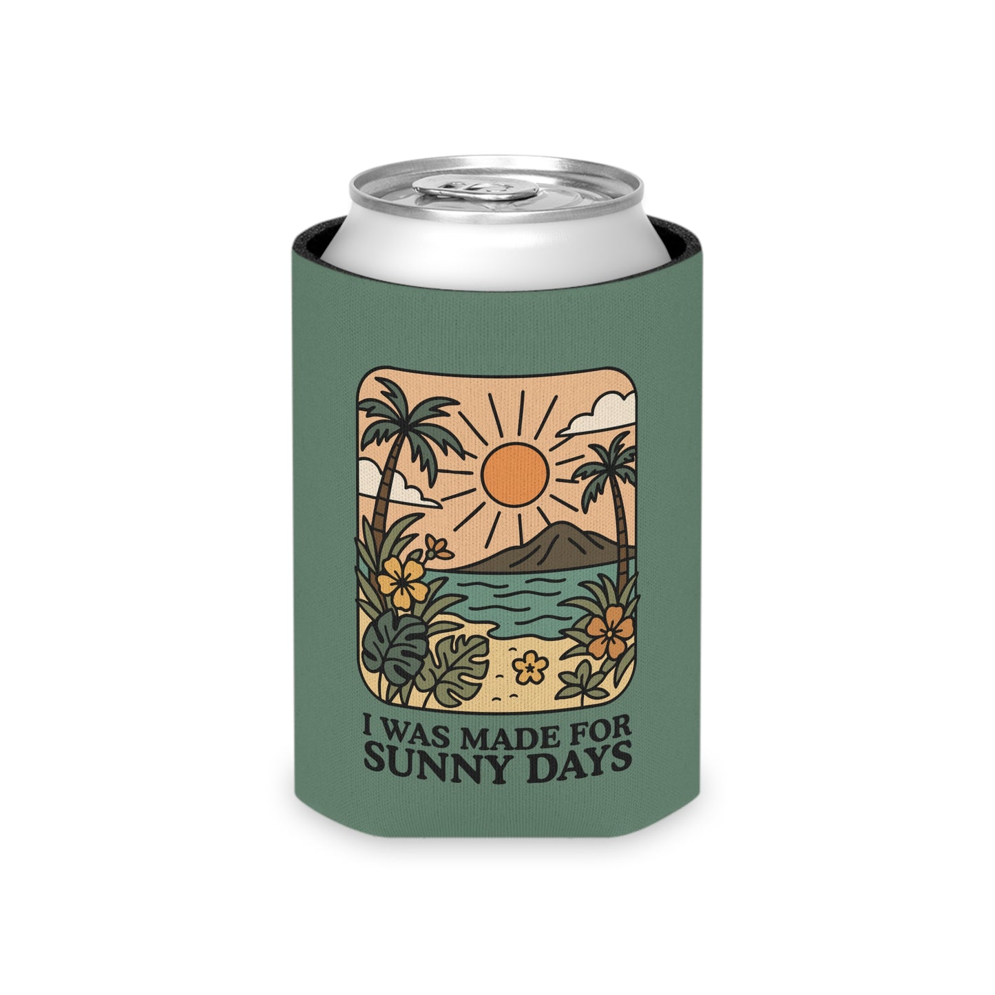 I Was Made for Sunny Days Can Cooler by Spinsterly Co, green polyester can cooler with soft foam liner