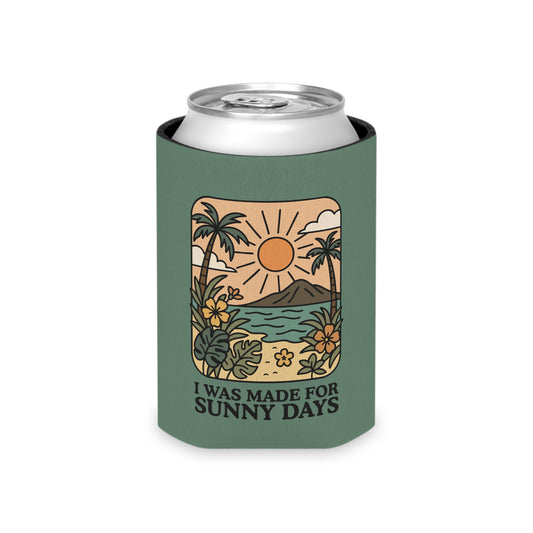 I Was Made for Sunny Days Can Cooler by Spinsterly Co, green polyester can cooler with soft foam liner