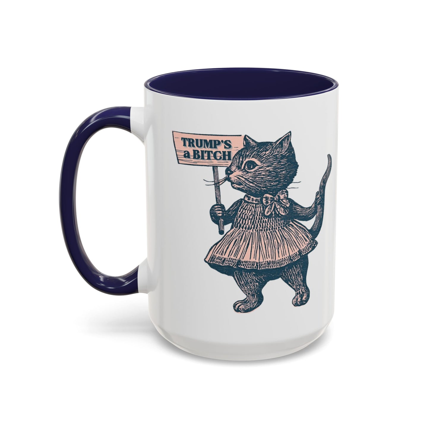 Vintage Protest Cat Accent Coffee Mug Spinsterly Co Navy glossy ceramic mug with Victorian cat protest illustration