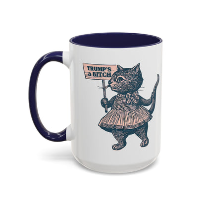 Vintage Protest Cat Accent Coffee Mug Spinsterly Co Navy glossy ceramic mug with Victorian cat protest illustration