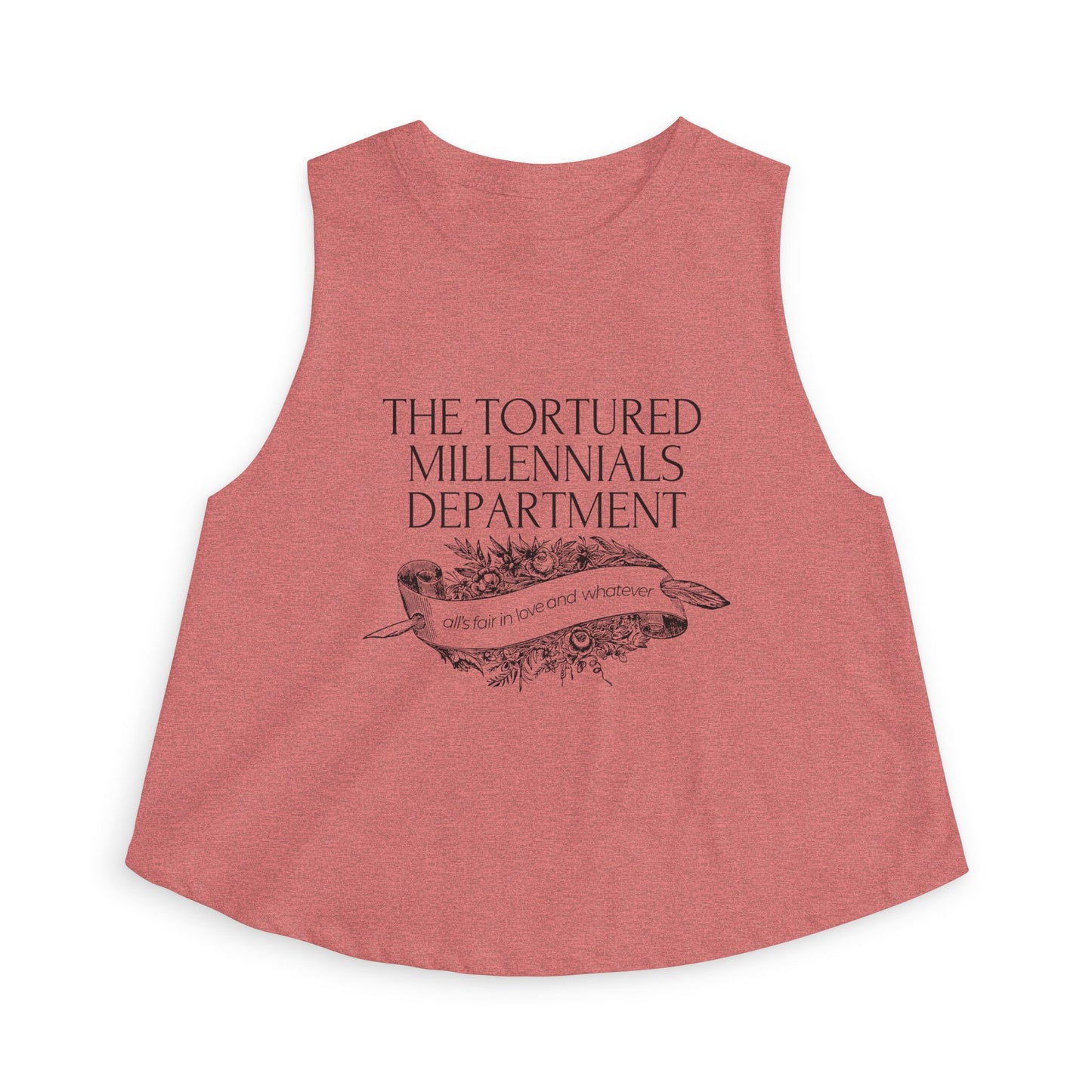 The Tortured Millennials Department Crop Top by Spinsterly Co in Heather Mauve with floral banner graphic