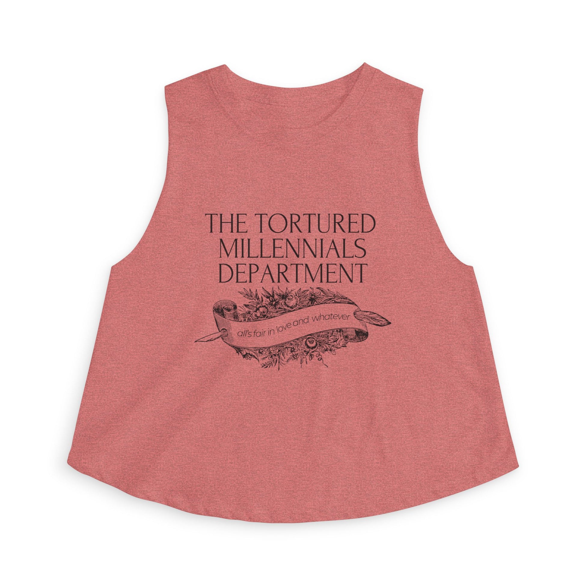 The Tortured Millennials Department Crop Top by Spinsterly Co in Heather Mauve with floral banner graphic