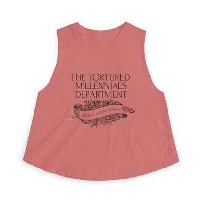 The Tortured Millennials Department Crop Top by Spinsterly Co in Heather Mauve with floral banner graphic