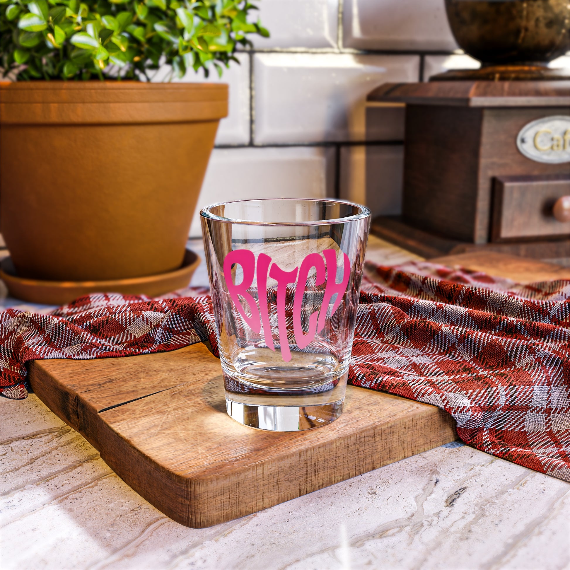 Pink Heart Bitch Script Shot Glass 1.5oz Clear Glass Barware by Spinsterly Co, clear glass with pink heart BITCH