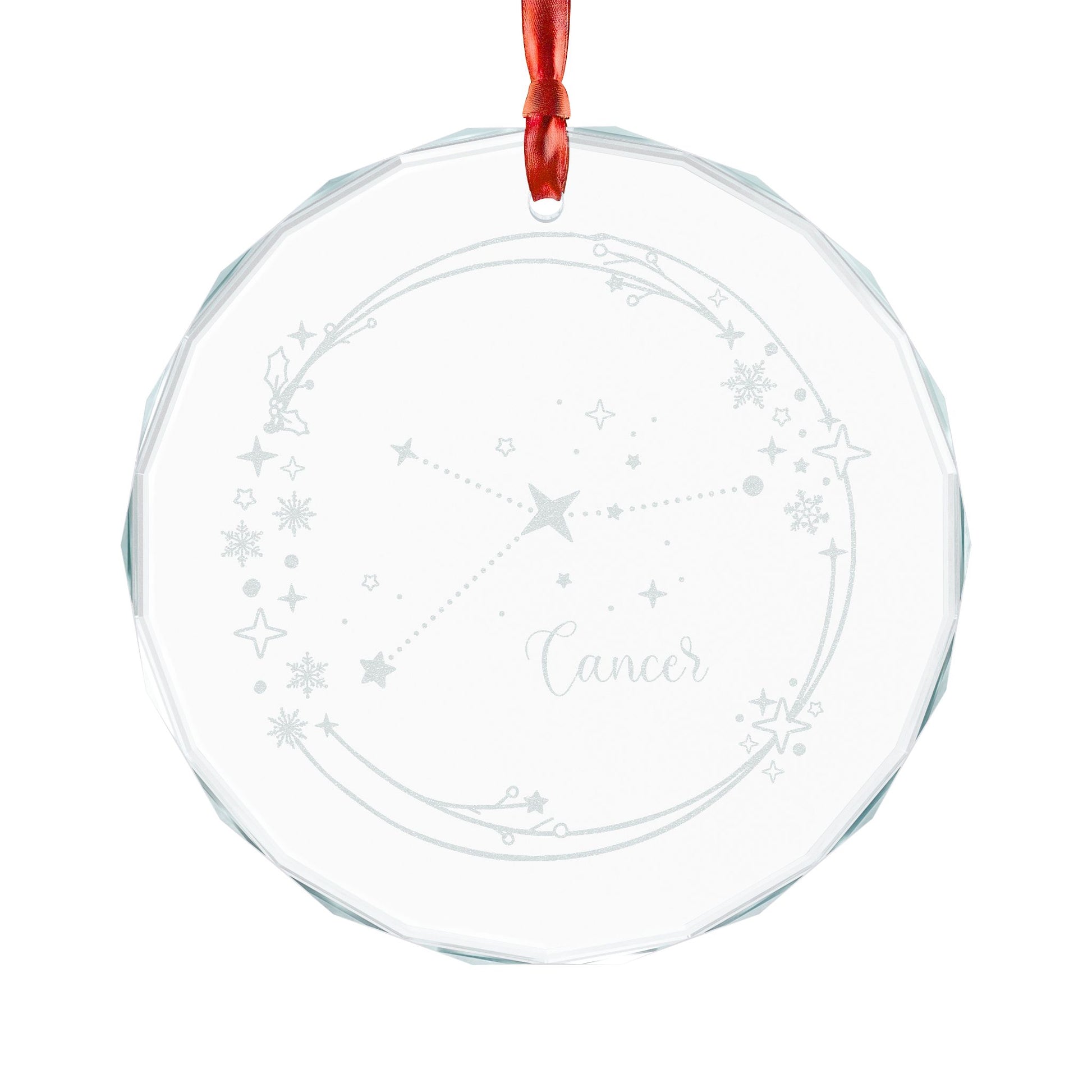 Cancer Constellation Crystal Glass Ornament by Spinsterly Co, faceted crystal circle with red satin ribbon